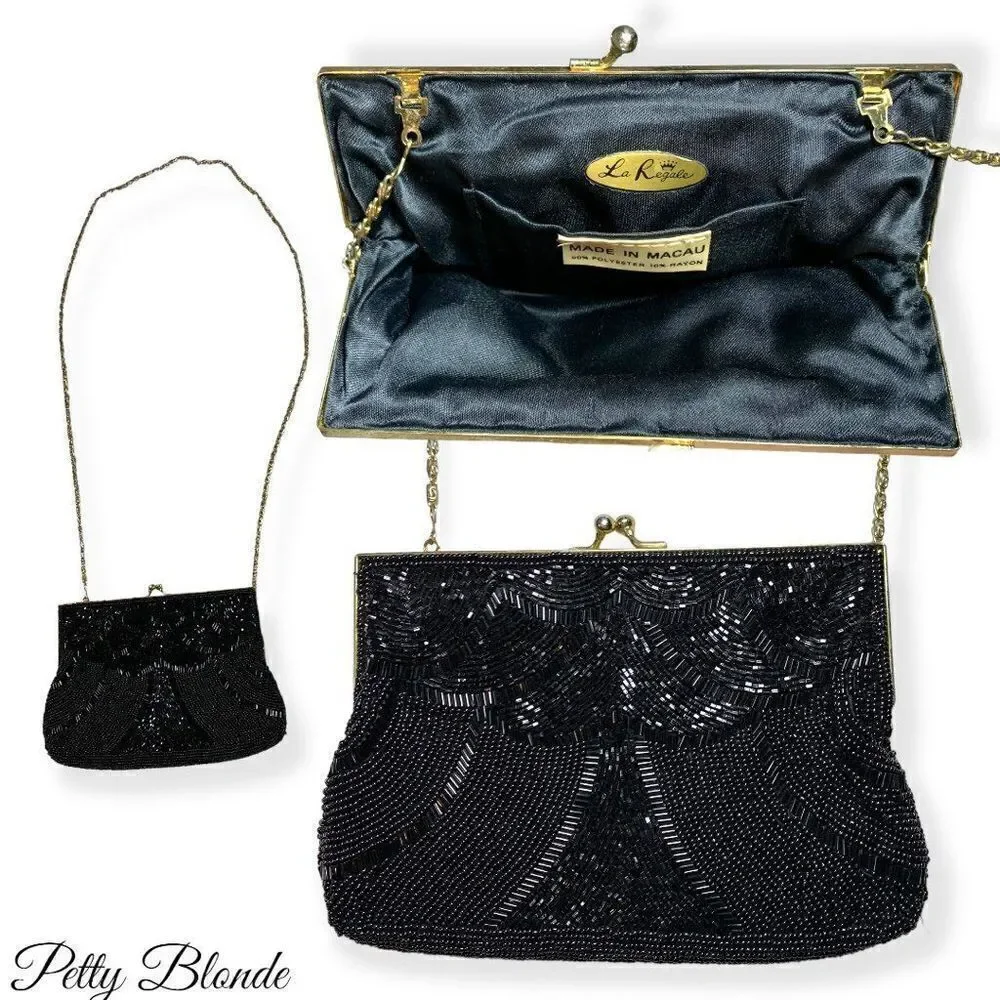 Elegant Black Beaded Clutch: Stunning Beadwork,‎ Dainty Strap, & Bronze Hardware